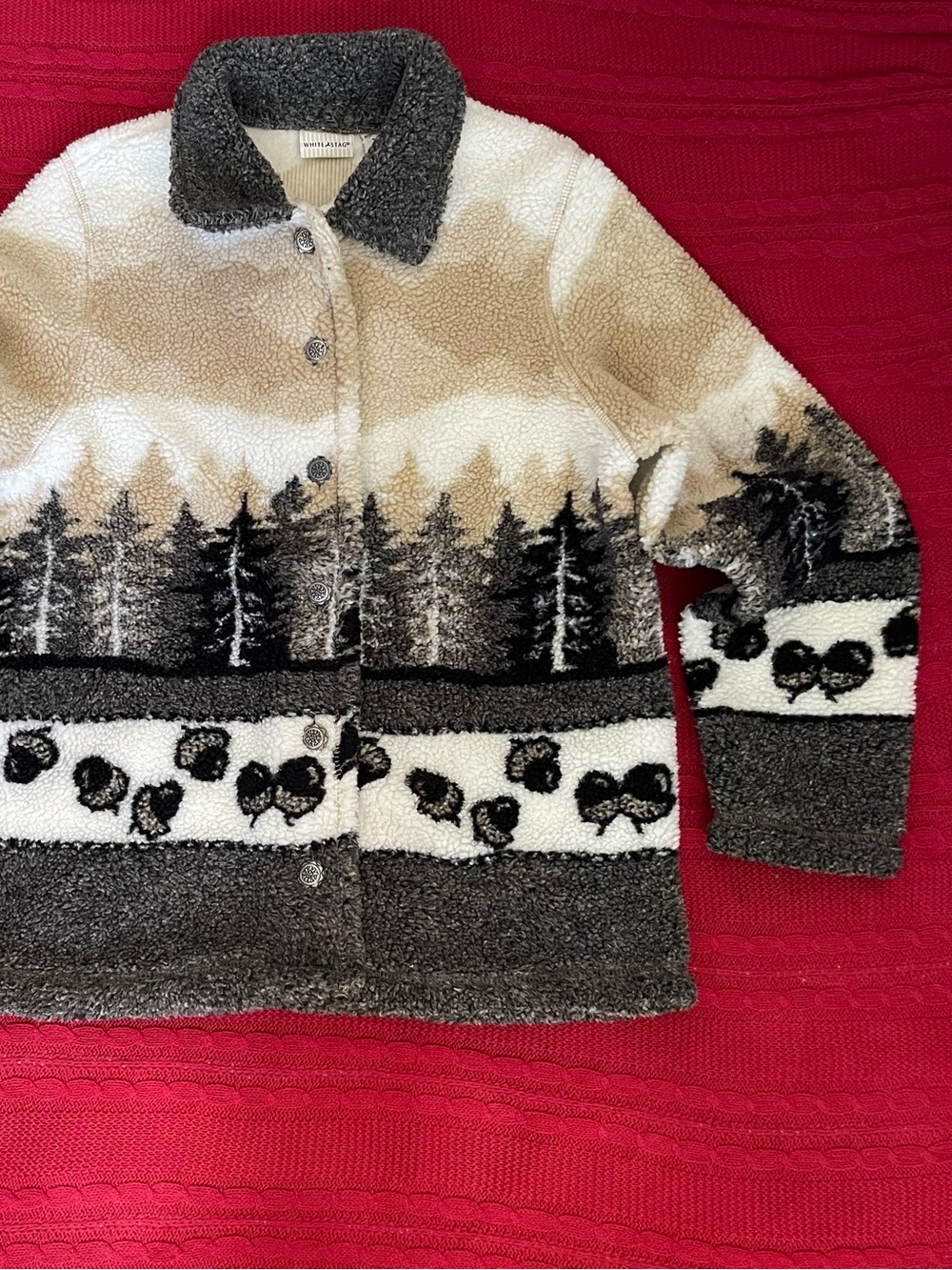 White Stag Cream, Gray and Brown Sherpa Cardigan with Forest and Floral Motif